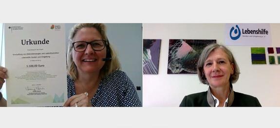Svenja Schulze und Ina Droste zu Senden bei der virtuellen Übergabe des Förderchecks